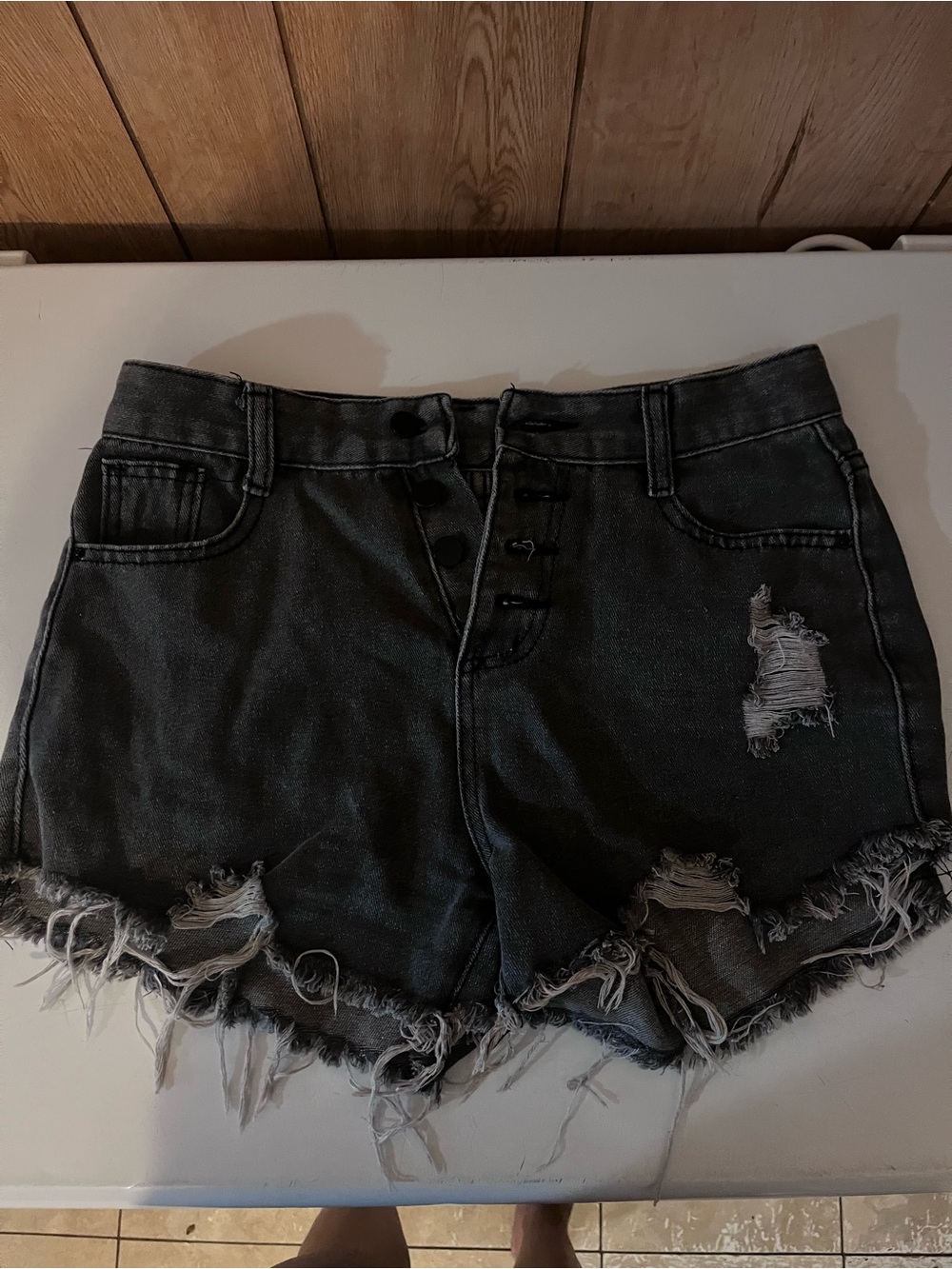 Button-Front Distressed Black Denim Jean Shorts